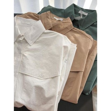 韓系大廓形水洗棉純色白襯衫設計感百搭顯瘦長袖寬松休閑襯衣女春