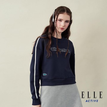 ELLE ACTIVE-字母刺繡LOGO撞色落肩長袖上衣-深藍