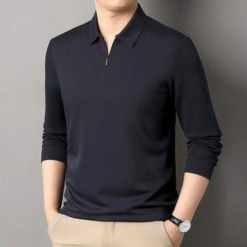 秋冬新款長袖含羊毛半拉鏈純色T恤衫中青年男裝寬松休閑POLO衫鑫弘-衣錦男裝