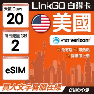 LinkGO白鑽卡 美國 eSIM卡 20天上網卡 每日2GB 高速流量(美國網卡 舊金山 洛杉磯 紐約 西雅圖)