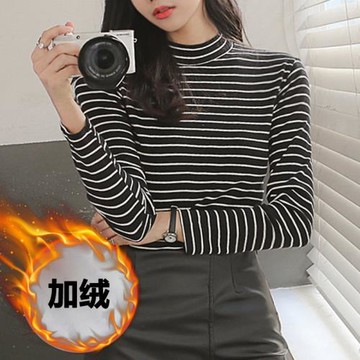 2019秋冬韓版新款長袖T恤純棉百搭上衣半高領條紋打底衫女內搭潮