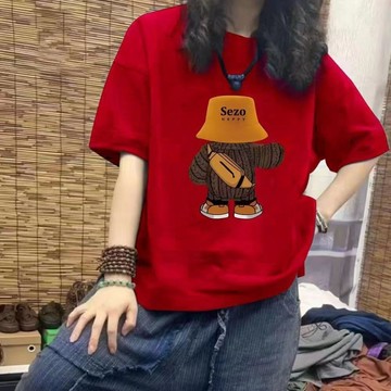 台灣现貨【甜心T恤】純棉短袖T恤女夏季短袖 寬鬆顯瘦上衣 百搭卡通小熊印花半袖上衣 韓版上衣 圓領上衣女 短袖T恤女