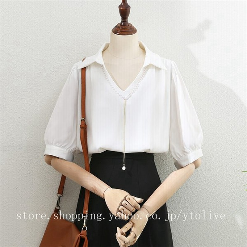 ブラウス シャツ レディース 半袖 襟付き Vネック 無地 前開き 取り外しネックレス 五分袖 トップス 通販 Lineポイント最大0 5 Get Lineショッピング
