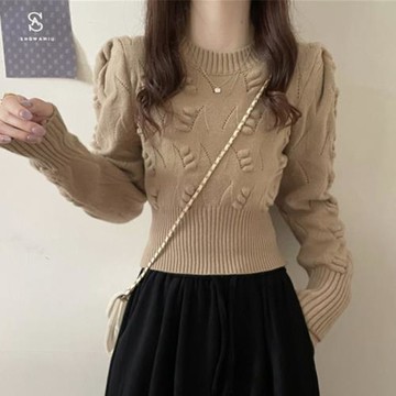 正肩毛衣女秋冬款洋氣內搭打底衫小個子獨特別致收腰短款上衣加厚