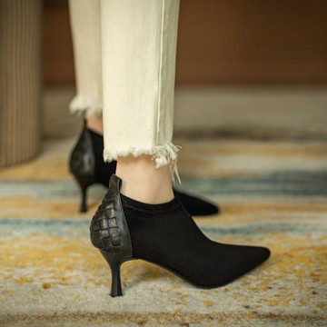 Tisdaini2024年秋款尖頭高跟女細跟歐洲站秋冬女彈力絨面深口單鞋