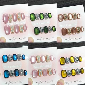 【超低價】💥氣質爆閃瓷白貓眼穿戴甲 高端短款貓眼手工甲 純手工追光貓眼短甲 短方圓光療甲片 指甲貼片短款 韓國美甲