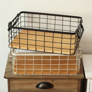 啟優復古鐵藝收納出口日單鐵線舊木底雙耳提籃臟衣籃 zakka儲物籃