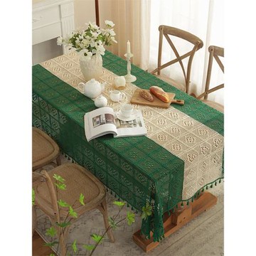 美式復古綠色輕奢高級感桌布鏤空蕾絲鉤針布藝田園文藝臺布蓋布