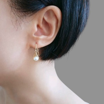 小號淡水珍珠 Herringbone 編織墜 14Kgf 包金耳環 地中海之眼