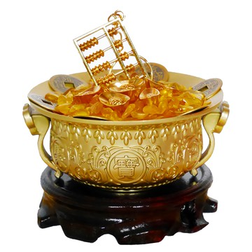 命運好好玩 李行 五路齊發黃銅聚寶盆 含金算盤 招財元寶 帝王銅錢 黃水晶  黃銅色  1個