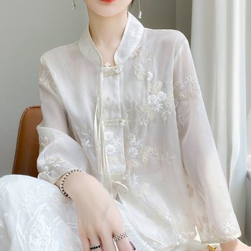 預購BRIGA  rw-A119設計師唐裝盤扣上衣復古刺繡中式立領防曬襯衫