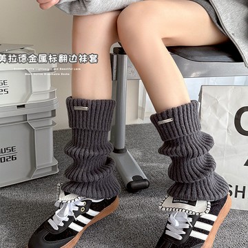 ✨精選好物✨襪套女 秋冬加厚保暖灰色腿套 日系少女堆堆襪 翻邊鹿毛絨金屬標長襪 秋冬堆堆長襪  長襪套   加厚襪套女
