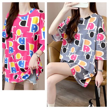 買1送1 兩件組 韓風時尚餅乾字母大尺碼寬鬆五分袖上衣 (中大尺碼 大學Ｔ 上衣 五分袖)