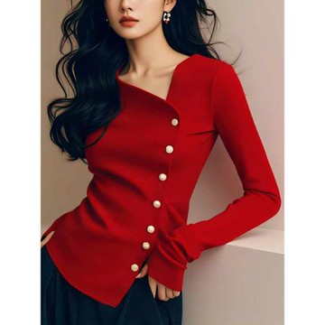 時尚精致絕美紅色斜v領收腰毛衣針織衫女秋冬款設計感不規則小衫