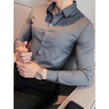 時尚刺繡襯衫男長袖修身痞帥英倫正裝高級感商務休閑免燙暗扣襯衣