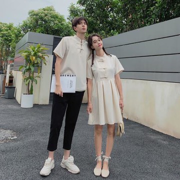 情侶裝中國風漢服盤扣短袖T恤百搭上衣女改良連衣裙學生班服