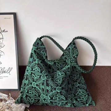 綠野叢林編織刺繡帆布包大容量原創小眾手工布包百搭簡約托特包