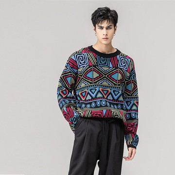 套頭圓領毛衣 男士休閑幾何針織衫 復古民族風針織衫