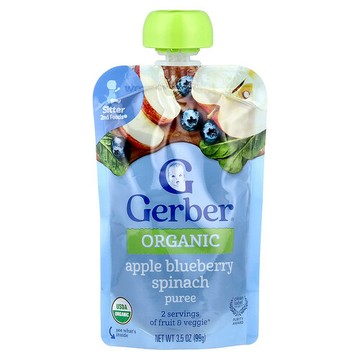 Gerber, 有機果泥，第 2 階段輔食®，蘋果藍莓菠菜，3.5 盎司（99 克）