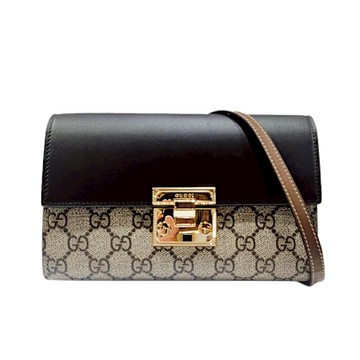 【GUCCI 古馳】779814 經典Padlock雙G LOGO帆布拼接金扣WOC斜背手拿包(黑色)
