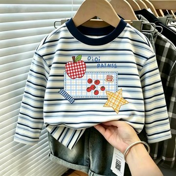 兒童長袖上衣 女童上衣 男童上衣 保暖上衣兒童可愛圖案印花條紋長袖T恤中小童男女兒童百搭打底春秋上衣潮t童裝