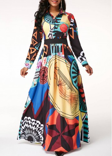 Printed Button Up Long Sleeve Turndown Collar Dress