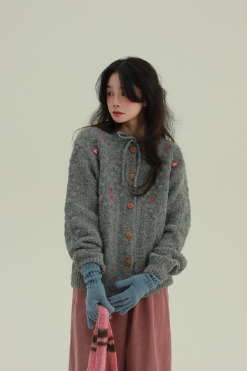 3顔色 圓領繫帶花朵刺繡毛衣 甜美減齡文藝舒適簡約百搭開衫