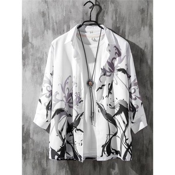 夏季七分袖花襯衫男短袖寬松古風長袖襯衣服外套男裝大碼胖子寸衫