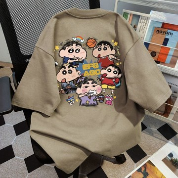 100%純棉情侶校園風趣味小新圓領寬鬆t恤夏季大尺碼短袖男女中長款休閒上衣