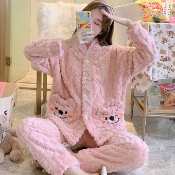 日系簡約風ins睡衣女純色剪花長毛絨可愛公主加厚保暖家居服套裝