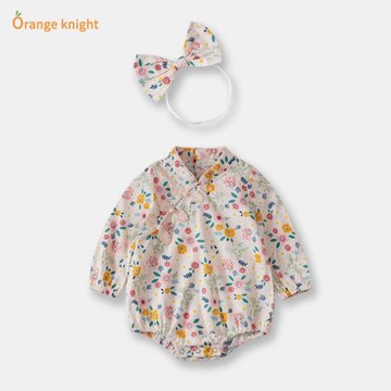 嬰兒旗袍春秋滿月長袖包屁衣女寶寶中國風連體衣百天拍照1歲禮服