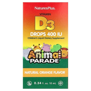 NaturesPlus, Animal Parade®，維生素 D-3 滴劑，天然橙味，10 微克（400 國際單位），0.34 液量盎司（10 毫升）