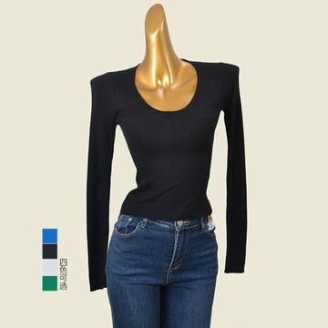 早秋顯鎖骨純色U領打底衫短款修身型低圓領內搭針織衫薄款羊毛衫