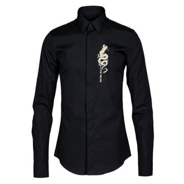 春秋季高端繡花襯衫男長袖薄款修身純棉個性潮牌男士休閑刺繡襯衣