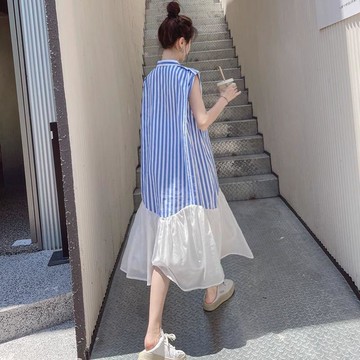 【臺灣出貨】胖mm特大碼300斤條紋襯衫裙女裝 夏季遮肉顯瘦寬鬆無袖長款連衣裙