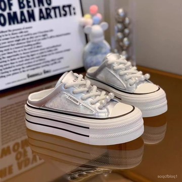 包頭夏外穿無後跟刺繡帆布一腳蹬小白鞋厚底新款女珍珠2025年勃肯鞋 穆勒鞋 包頭拖鞋 平底鞋 低跟鞋 半拖鞋 韓國懶人鞋