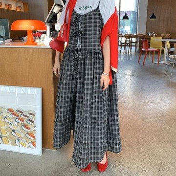韓國chic夏季大尺碼女裝格子吊帶洋裝寬松胖MM兩穿系帶開門襟長裙