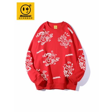 Mcessol大紅色卡通龍年圖案套頭衛衣男女情侶2024本命年衣服過年