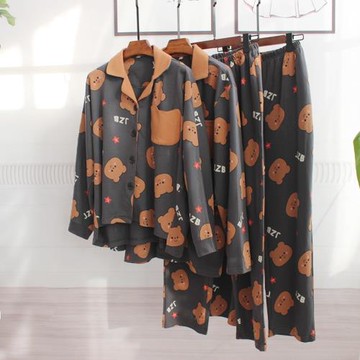 時尚款春秋純棉棉毛情侶家居服套裝全棉男女針織長袖長褲卡通睡衣