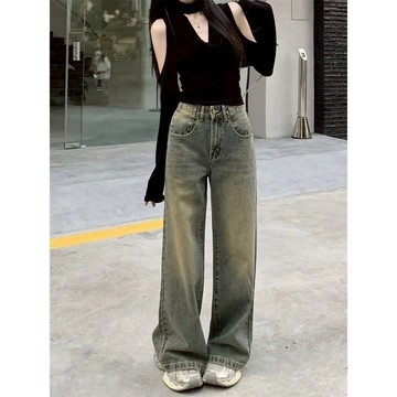 壹禾YIHOO~現貨🔶牛仔褲女 復古做舊直筒牛仔褲女春季新款美式設計感高腰寬鬆顯瘦闊腿拖地褲 牛仔長褲