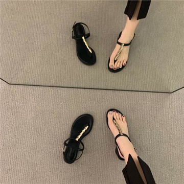 塞納河畔~ITSK涼鞋女粗跟夾腳中跟配裙子一字扣帶羅馬鞋