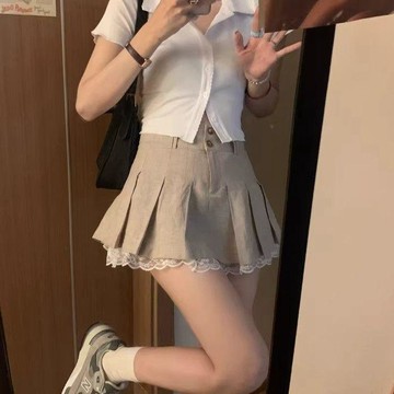 【設計感蕾絲邊】卡其色百褶裙 女 夏季 薄款 高腰 顯瘦 半身裙 防走光 短裙子 蕾絲 裙子 高腰 裙子連身裙 蕾絲裙子