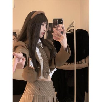 韓系學院風套裝女秋季2025新款長袖短款外套高腰百褶半身裙兩件套
