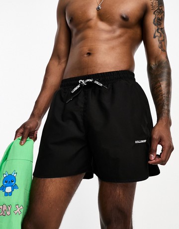 COLLUSION shorter length swim short with branded toggles in black