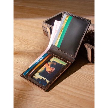 新款錢包DIY材料包真皮復古短款手縫頭層橫款創意禮物復古瘋馬皮