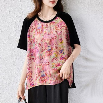 【ALLK 歐楷】新品 印花配色上衣 紅色(尺寸L-XXL/中大尺碼/涼爽/透氣)