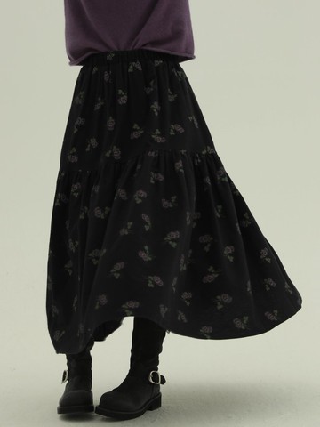黑色 墨色薔薇 紫花加絨半裙 文藝復古波點A字顯瘦中長裙子