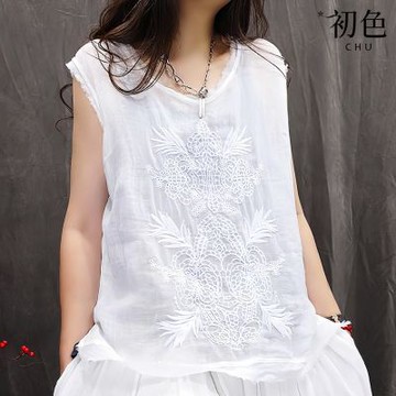 初色 復古棉麻風簡約刺繡輕薄透氣圓領無袖毛邊寬鬆背心女背心-共2色-14048(M-2XL可選)