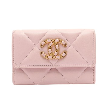 CHANEL 香奈兒 粉色 菱格紋 羊皮 19 Flap Card Holder 卡夾 名片夾 無卡 AP1790 【二手名牌BRAND OFF】