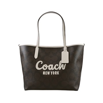 COACH黑檀木C Logo PVC米白邊燙印大款手提托特包